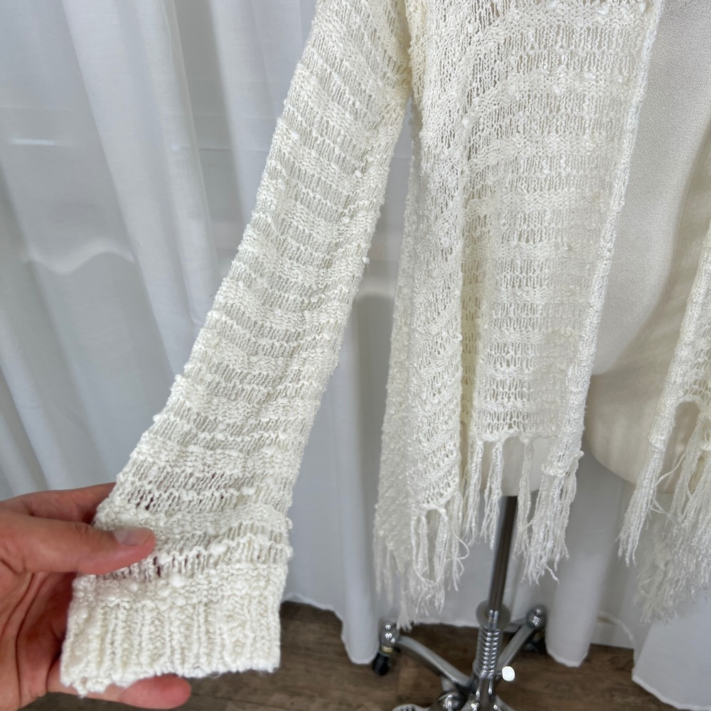 Boho Crochet Open Knit Fringe Duster Cardigan Ivory Cotton Blend M/L Festival - Picture 4 of 10
